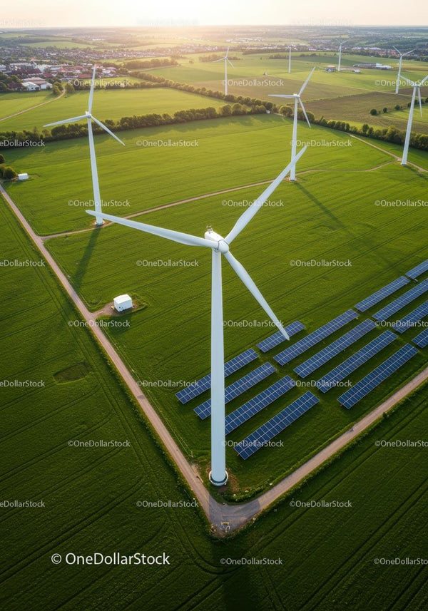Widok z lotu ptaka na turbiny wiatrowe i panele słoneczne na zielonych polach