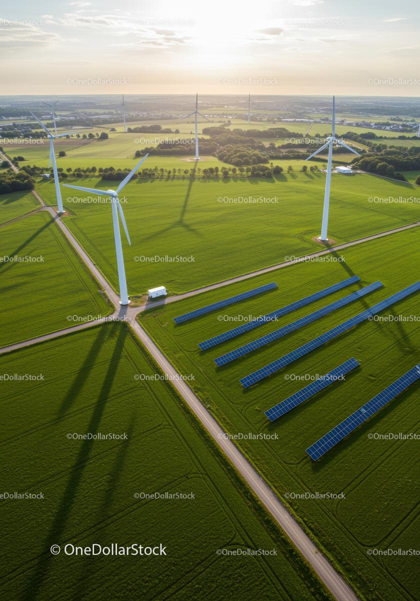 Aerial View of Wind Turbines and Solar Panels in Green Fields