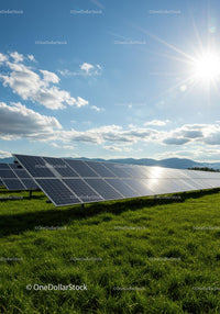 Solar Panels on Green Field Under Bright Sunlight