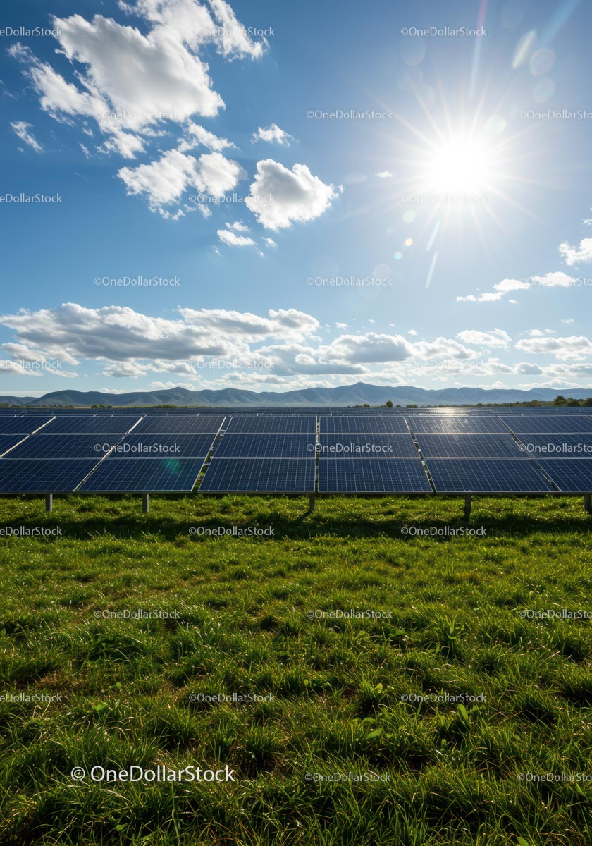 Solar Panels in a Sunlit Green Field