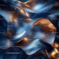 Golden Particles on Wavy Blue Fabric Background