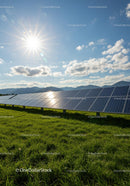 Solar Panels in a Green Field Under a Bright Blue Sky