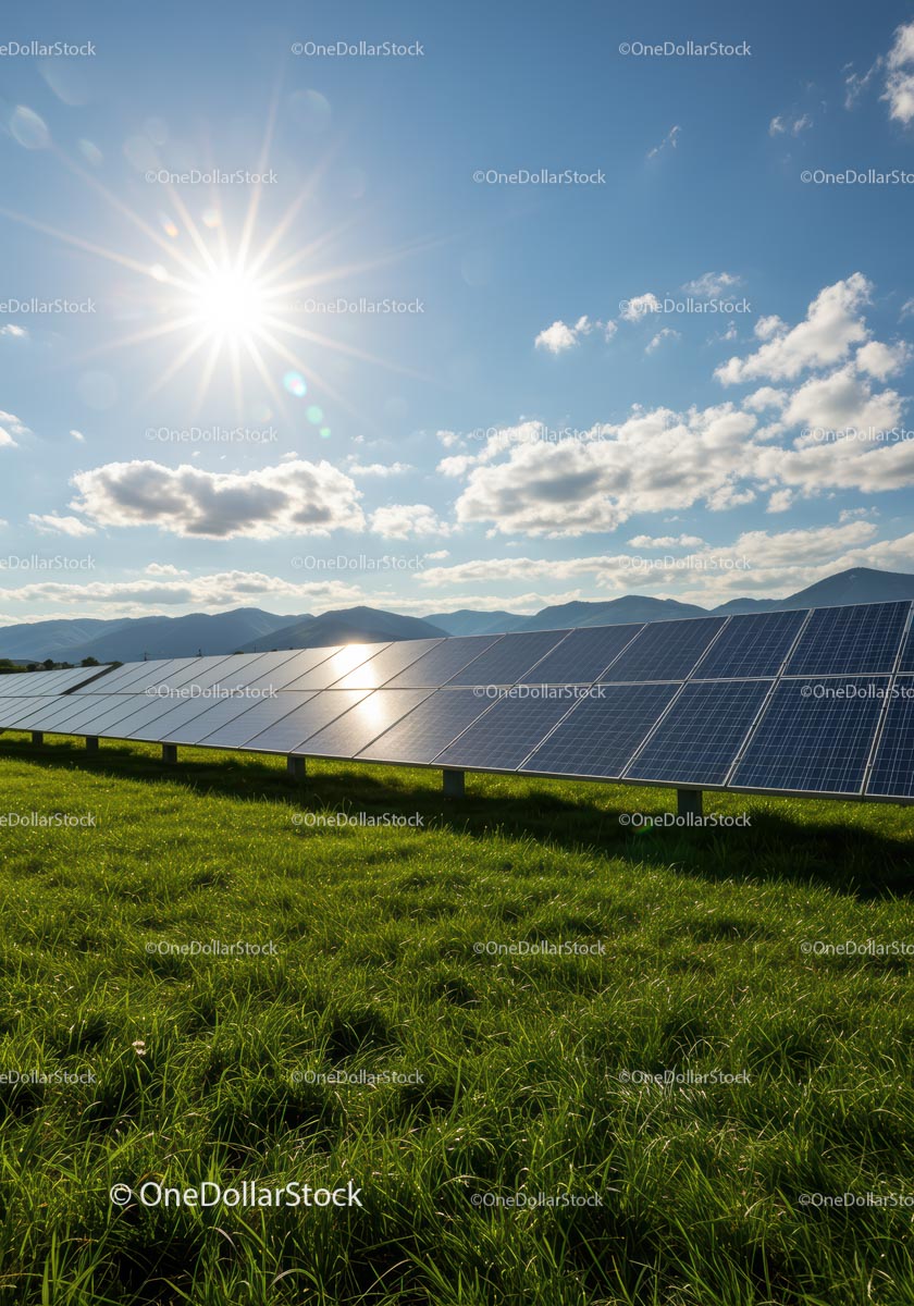 Solar Panels in a Green Field Under a Bright Blue Sky