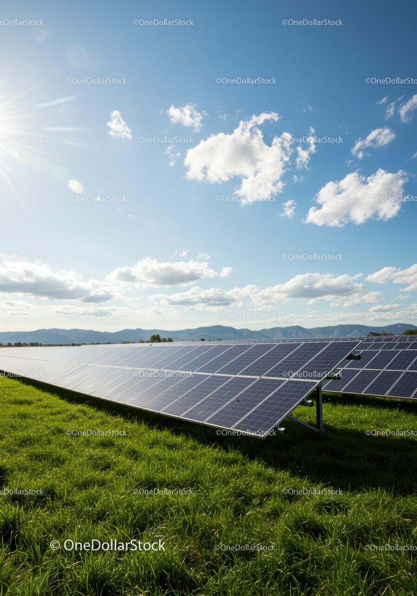Solar Panels on a Green Field Under Clear Blue Sky
