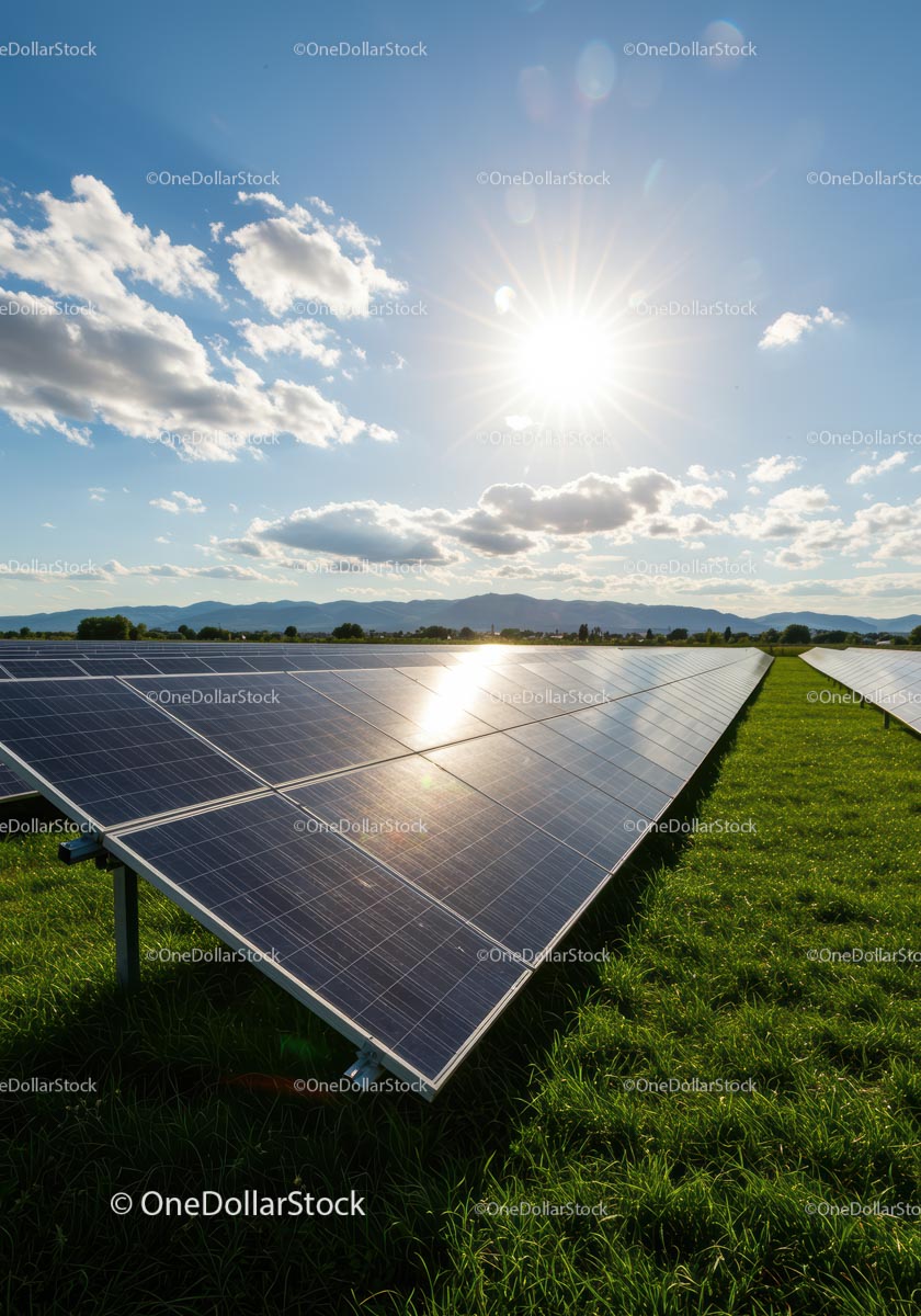 Solar Panels in a Green Field Under Blue Sky