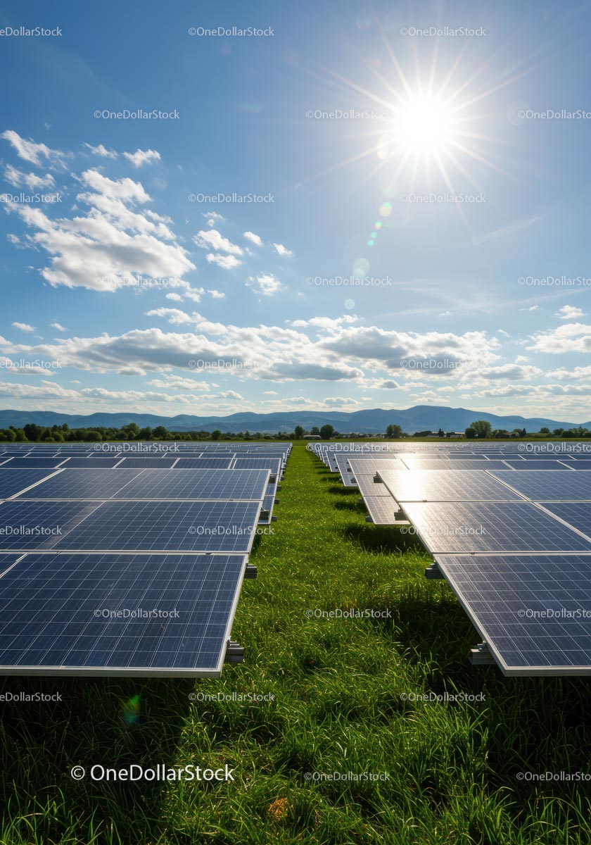 Solar Panels in a Green Field Under a Bright Blue Sky