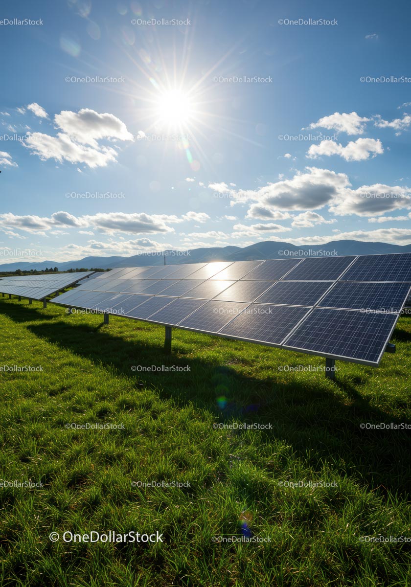 Solar Panels on Green Field Under Clear Blue Sky