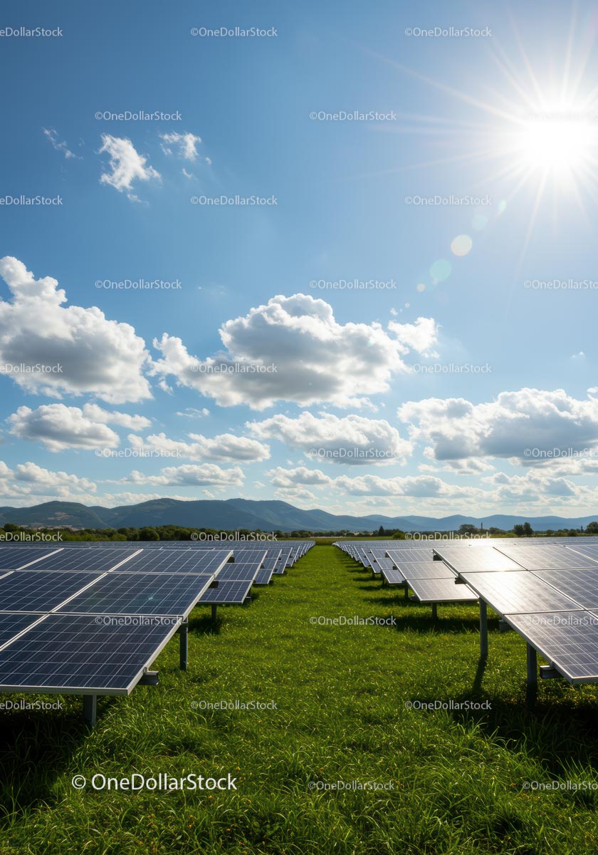 Solar Panels Under Bright Blue Sky in a Green Field