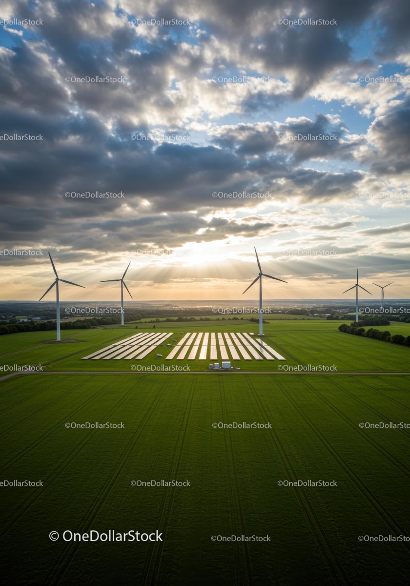 Wind Turbines and Solar Panels at Sunset in Green Field
