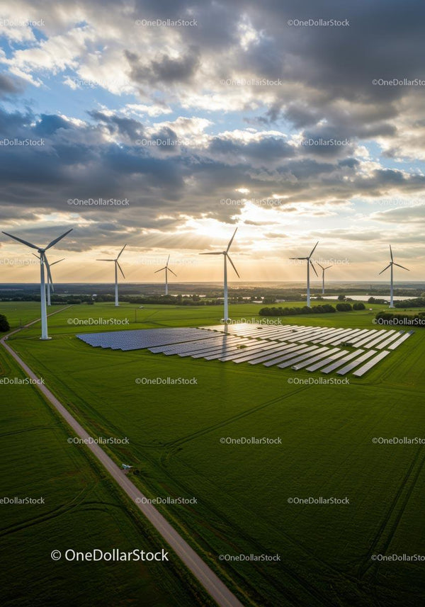 Turbiny wiatrowe i panele słoneczne w zielonej, malowniczej okolicy