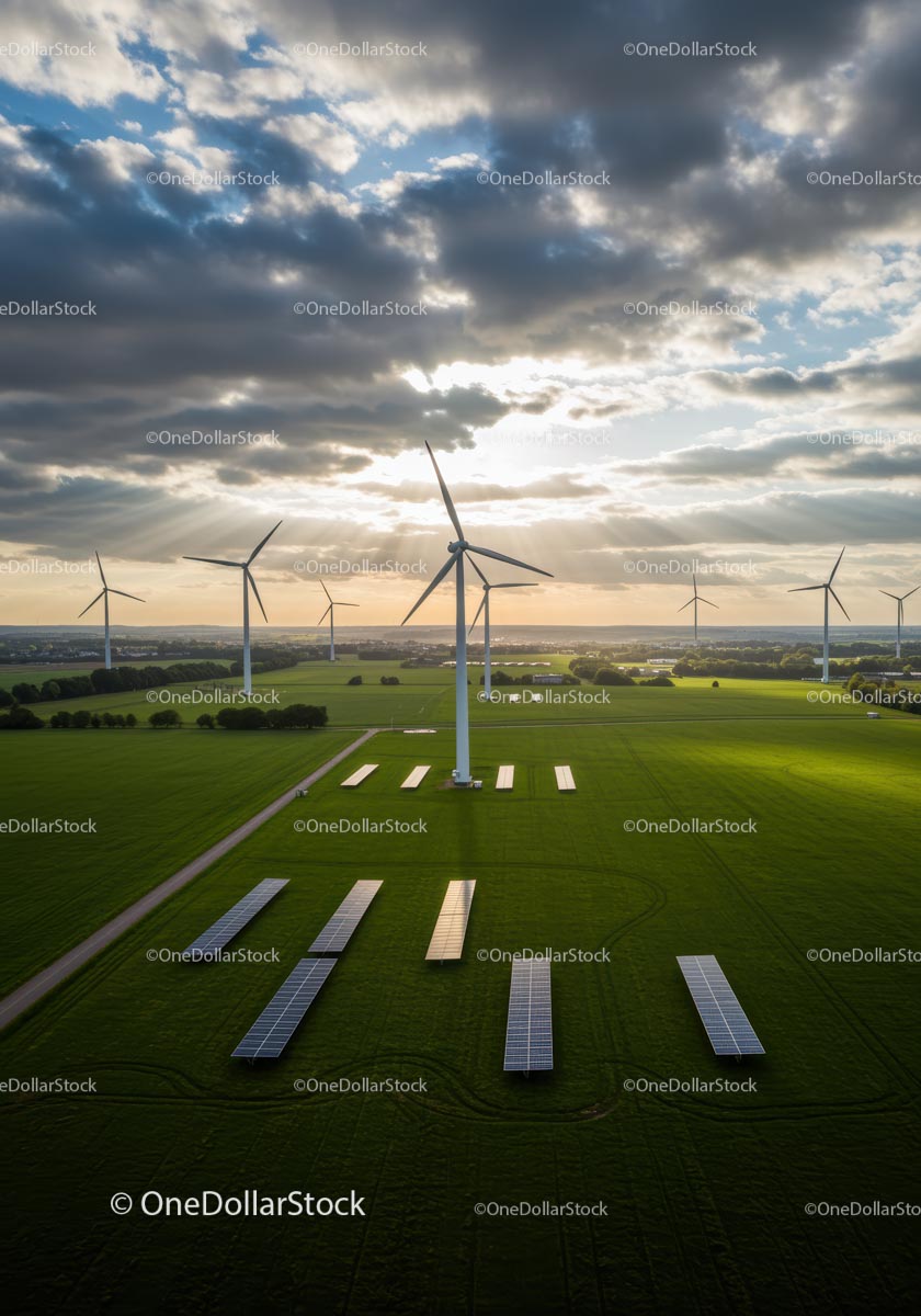Wind Turbines and Solar Panels in Green Fields at Sunrise