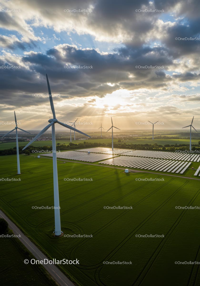 Wind Turbines and Solar Panels at Sunset