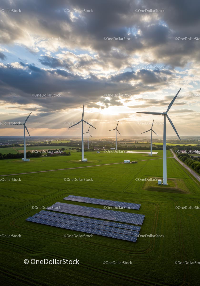 Wind Turbines and Solar Panels in Green Countryside