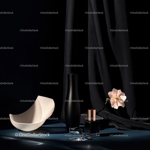 Elegant Black Vase and Ceramic Bowl with Delicate Flower