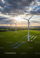 Wind Turbines and Solar Panels in Green Field at Sunset