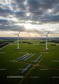 Wind Turbines and Solar Panels in Green Field