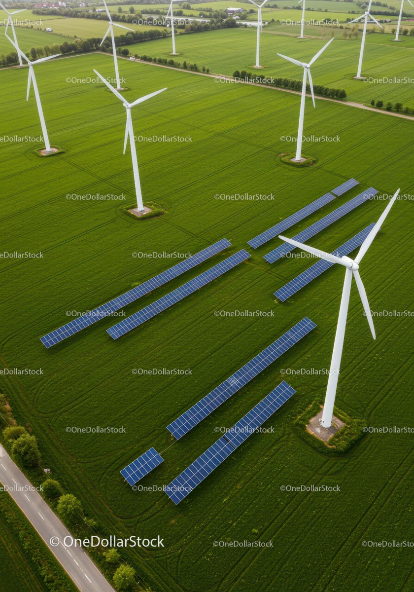 Aerial View of Wind Turbines and Solar Panels on Green Fields