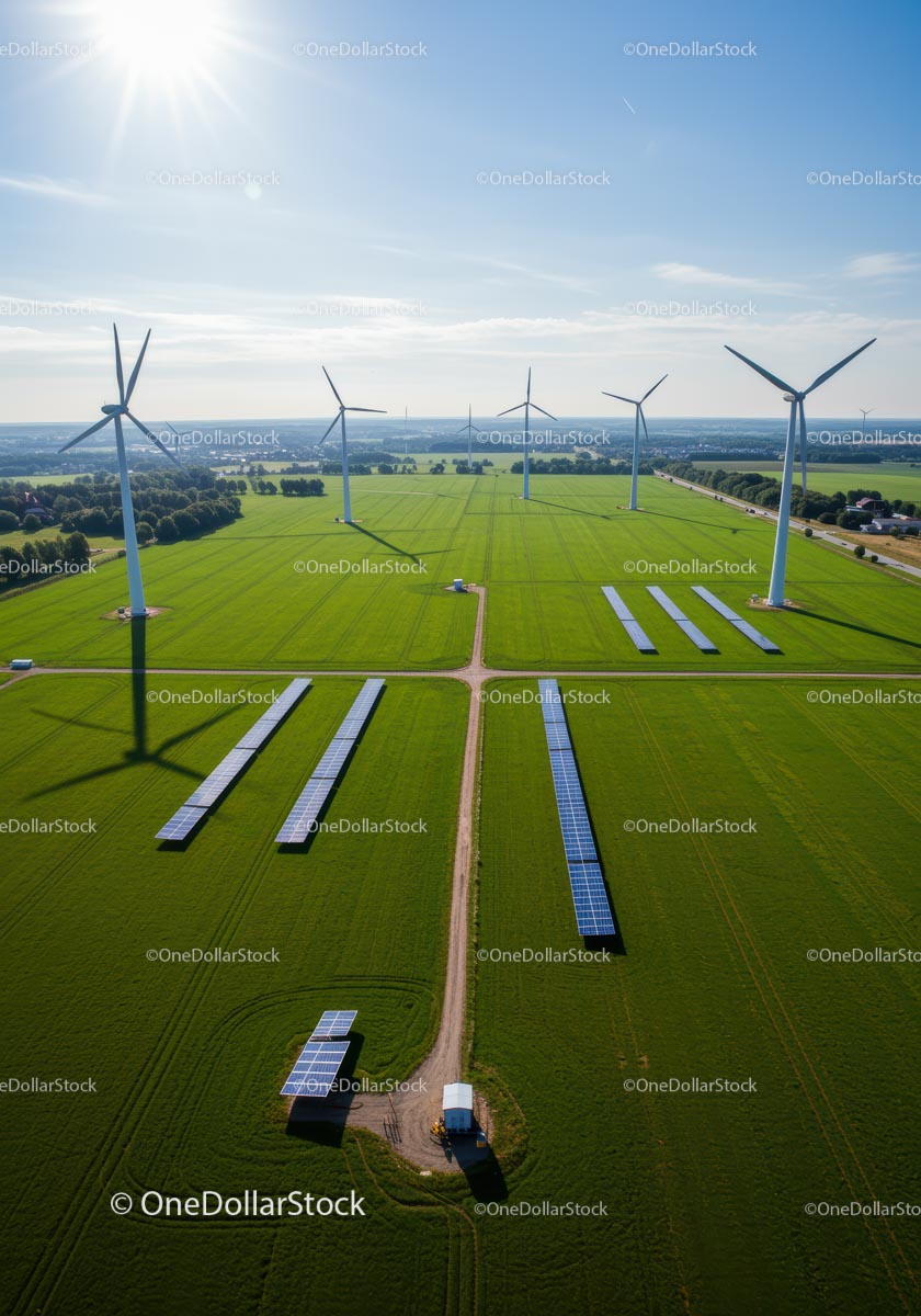 Wind Turbines and Solar Panels in Green Field