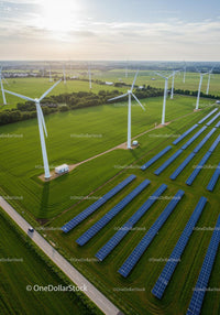 Aerial View of Wind Turbines and Solar Panels in Green Landscape