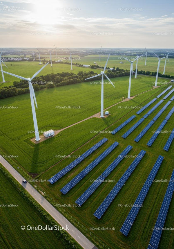 Widok z lotu ptaka na turbiny wiatrowe i panele słoneczne w zielonym krajobrazie