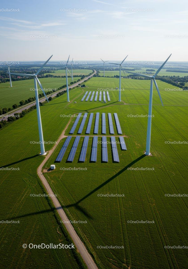 Widok z lotu ptaka na turbiny wiatrowe i panele słoneczne na zielonym polu