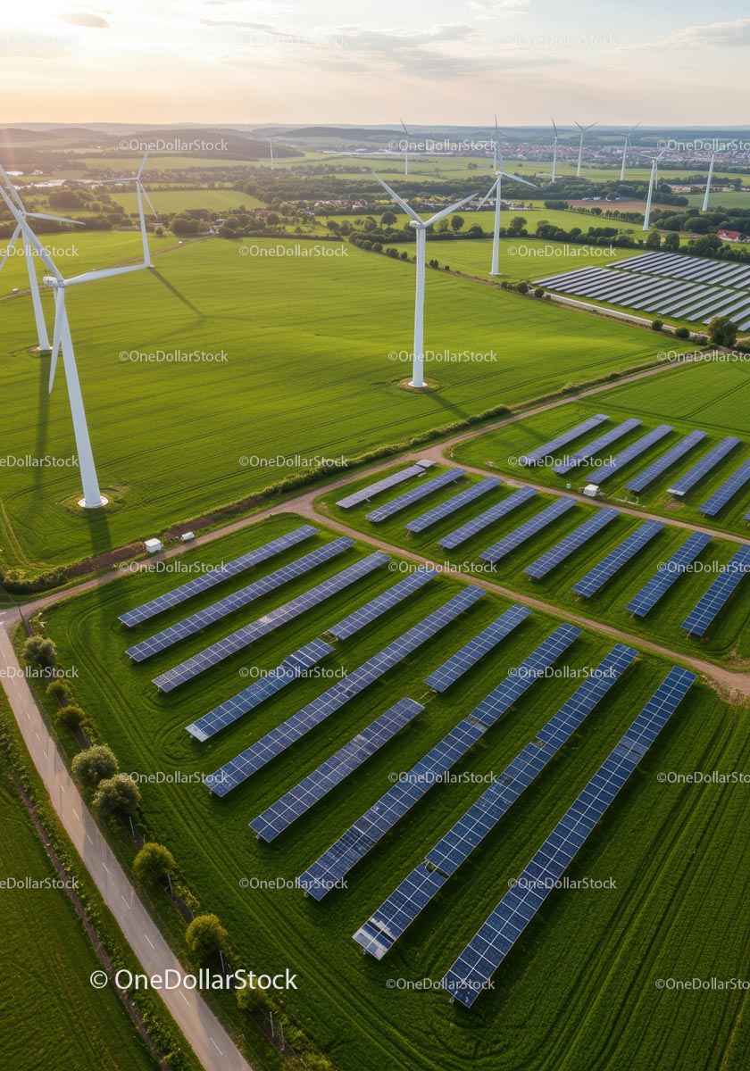 Aerial View of Solar Panels and Wind Turbines in Green Field