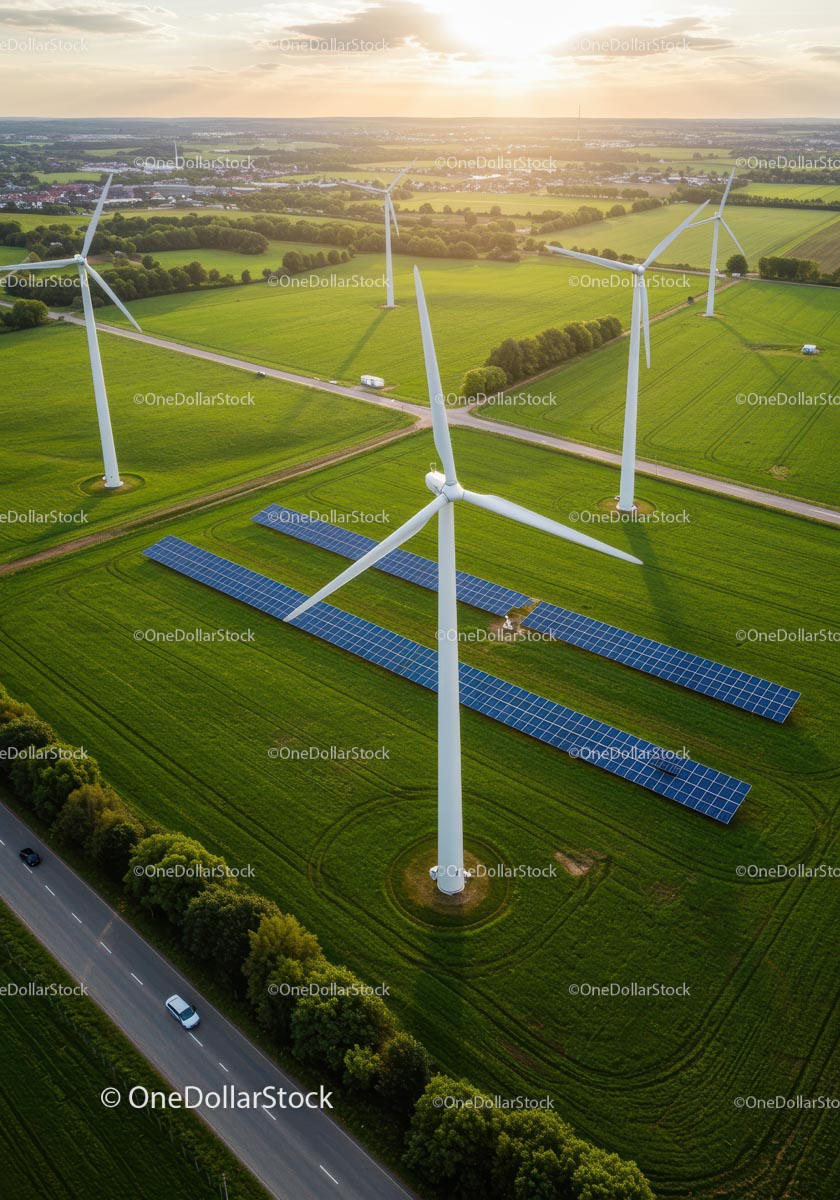 Aerial View of Wind Turbines and Solar Panels in Green Fields