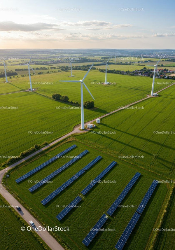 Widok z lotu ptaka na turbiny wiatrowe i panele słoneczne na zielonych polach