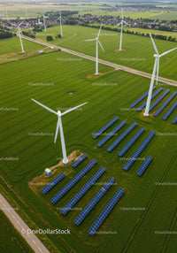 Aerial View of Wind Turbines and Solar Panels in Green Field