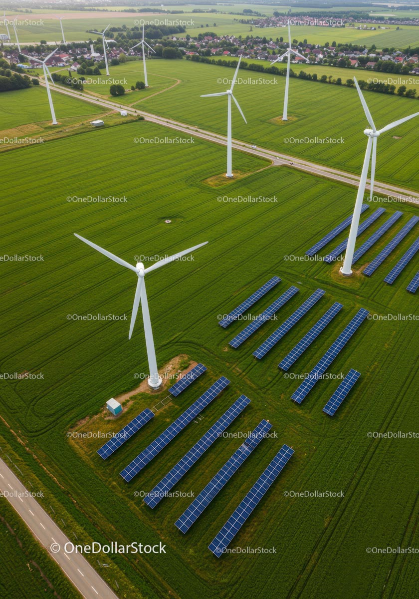 Aerial View of Wind Turbines and Solar Panels in Green Field
