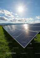 Solar Panels in Green Field on a Sunny Day