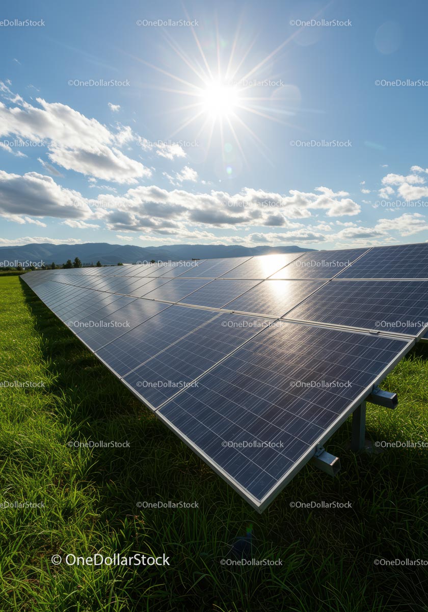 Solar Panels in Green Field on a Sunny Day