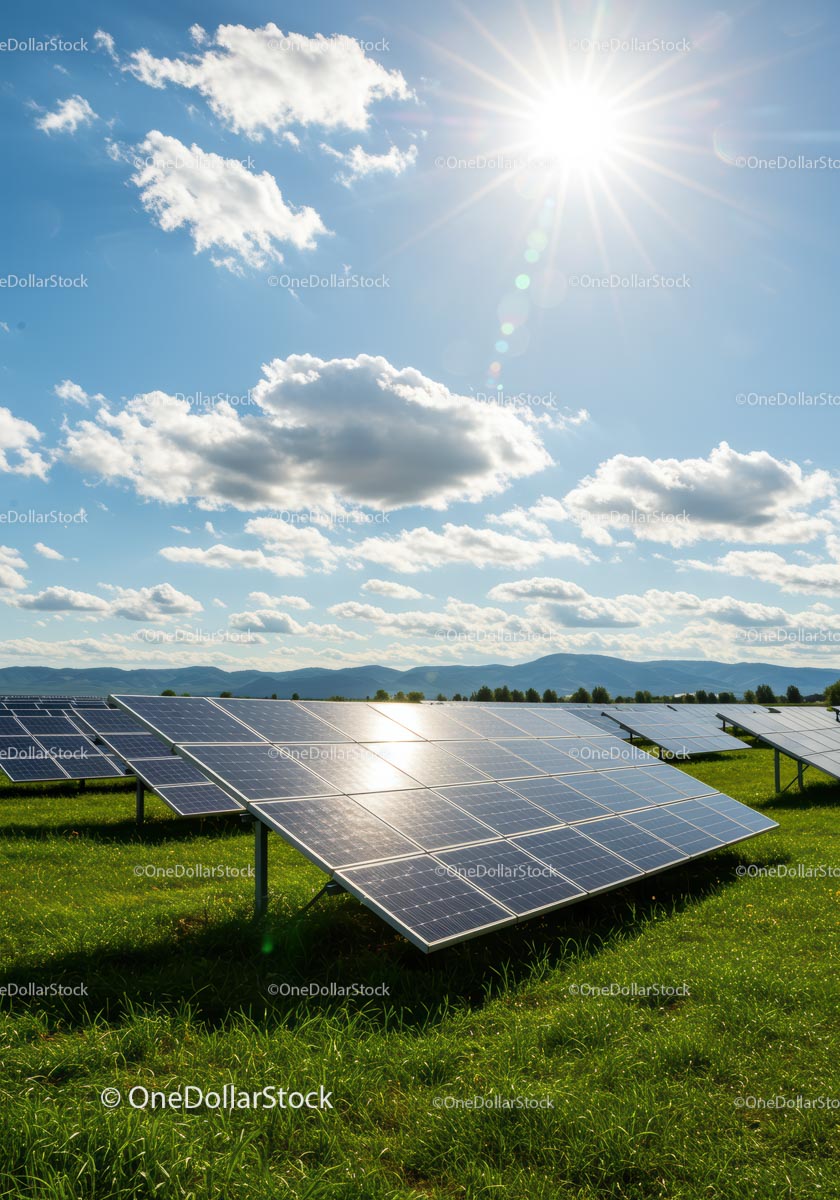 Solar Panels in a Sunny Field with Blue Sky