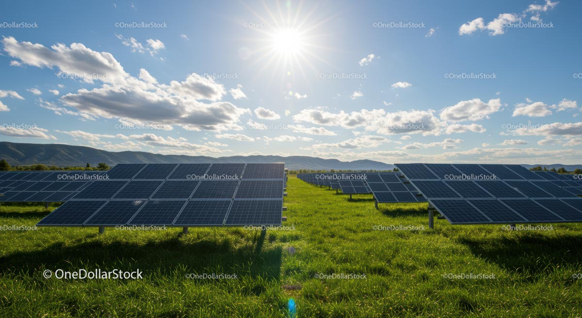 Solar Panels in a Green Field Under Blue Sky