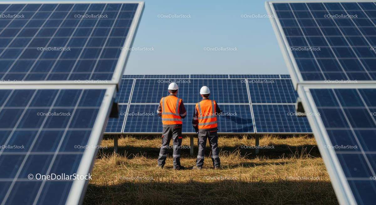 Workers Inspecting Solar Panels in a Sunlit Field