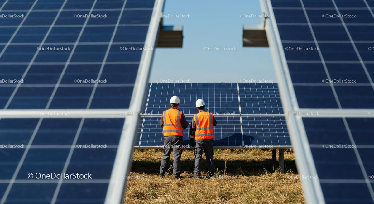 Engineers Inspecting Photovoltaic Solar Panels in Solar Farm