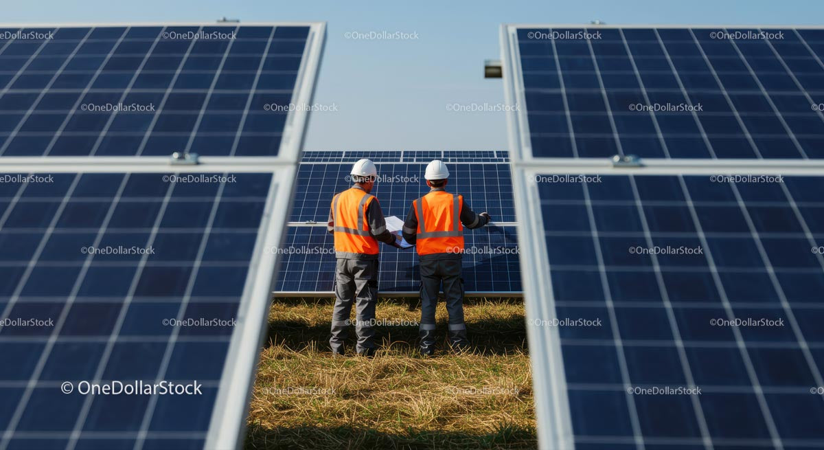 Inżynierowie dokonują inspekcji paneli słonecznych w miejscu pozyskiwania energii odnawialnej