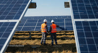 Engineers Inspecting Solar Panel Array in Sunlit Field
