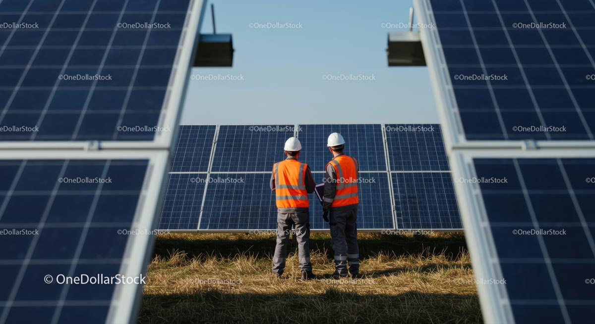 Engineers Inspecting Solar Panels on a Sunny Day