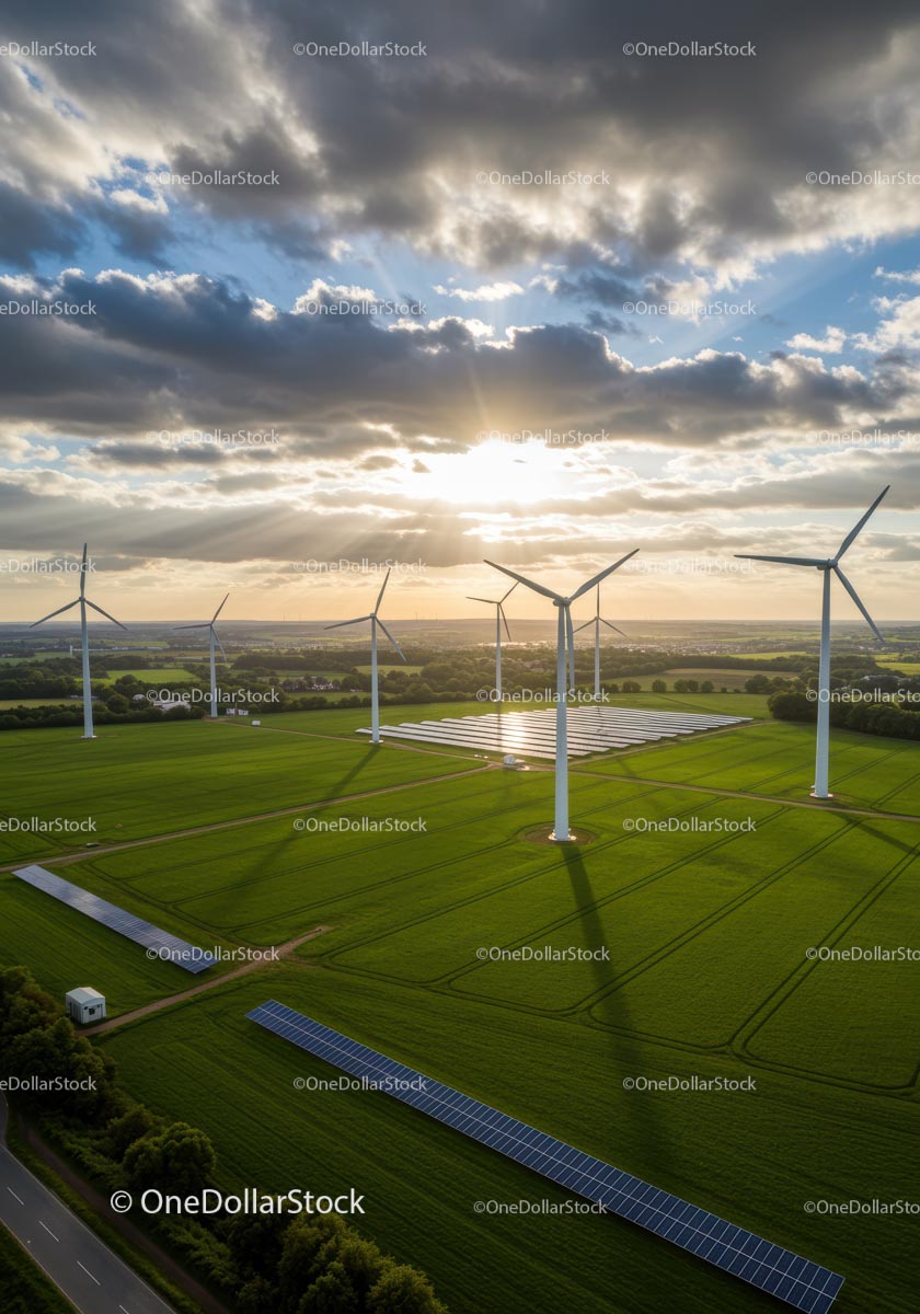 Wind Turbines and Solar Panels in the Green Fields at Sunset