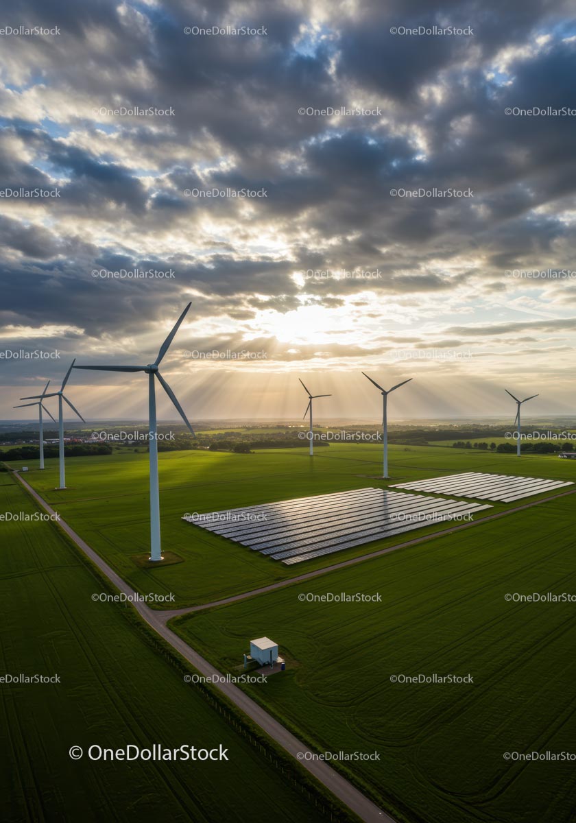 Krajobraz energii odnawialnej z turbinami wiatrowymi o wschodzie słońca