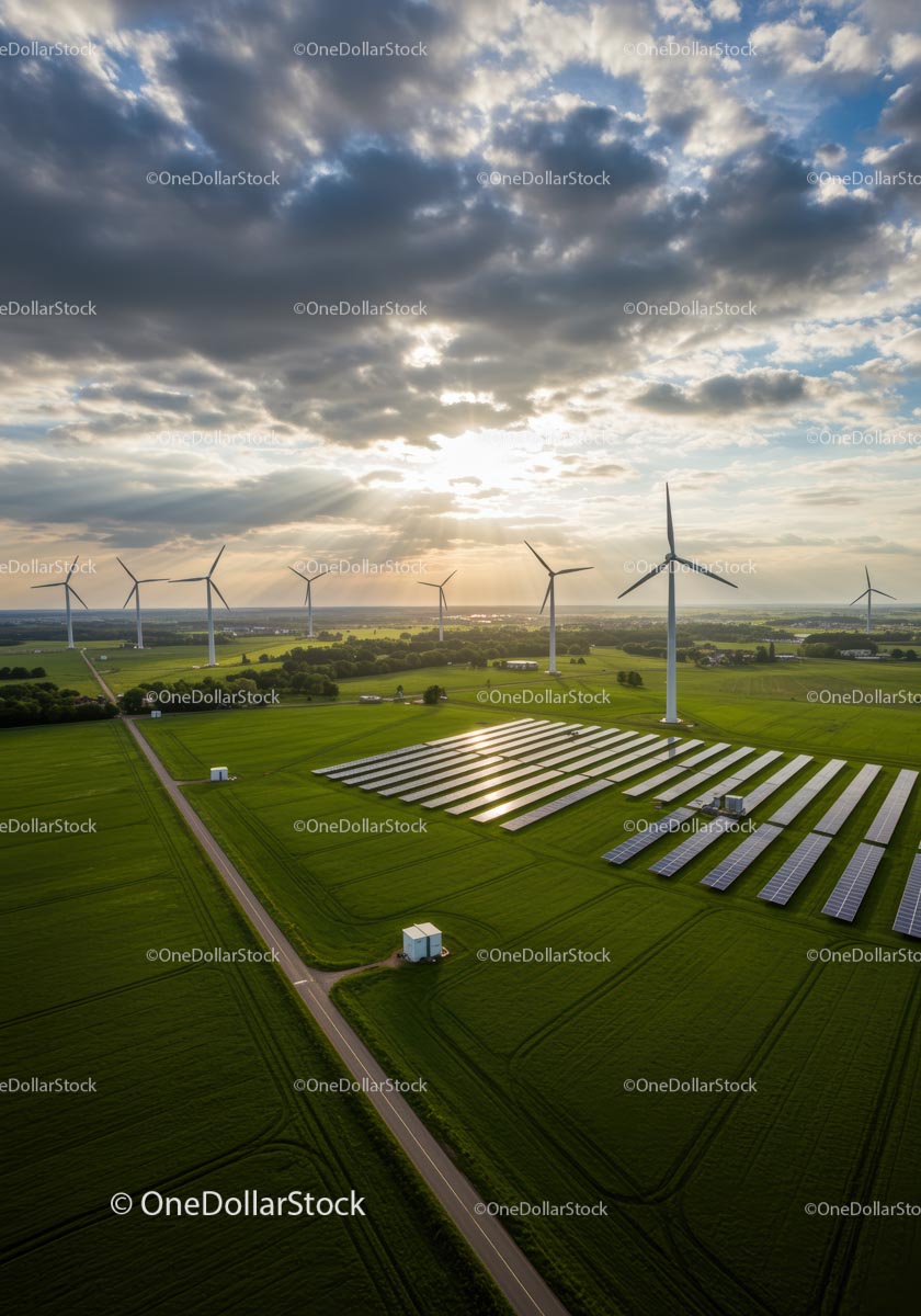 Aerial View of Wind Turbines and Solar Panels at Sunset