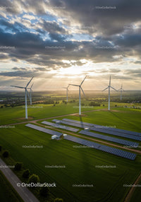 Aerial View of Wind Turbines and Solar Panels at Sunrise