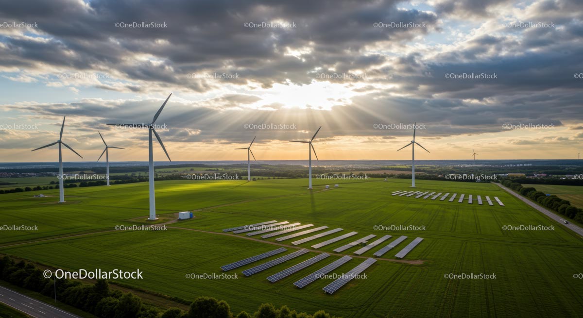 Wind Turbines and Solar Panels in Green Landscape at Sunset