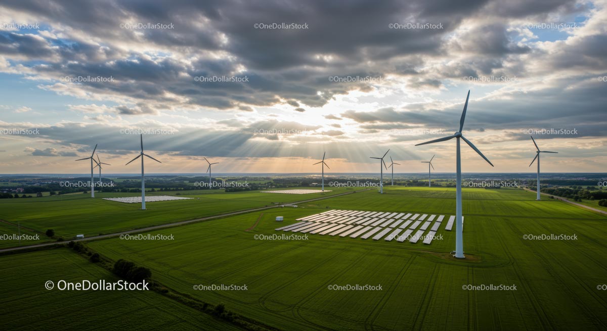Wind Turbines and Solar Panels in a Green Field