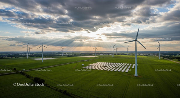 Turbiny wiatrowe i panele słoneczne na zielonym polu