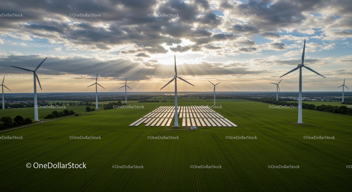 Turbiny wiatrowe i panele słoneczne na zielonym polu o zachodzie słońca