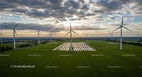 Wind Turbines and Solar Panels in a Green Field at Sunset