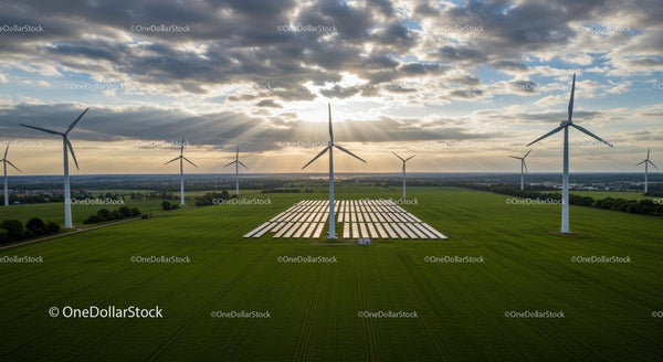 Turbiny Wiatrowe i Panele Słoneczne na Zielonym Polu o Zachodzie Słońca