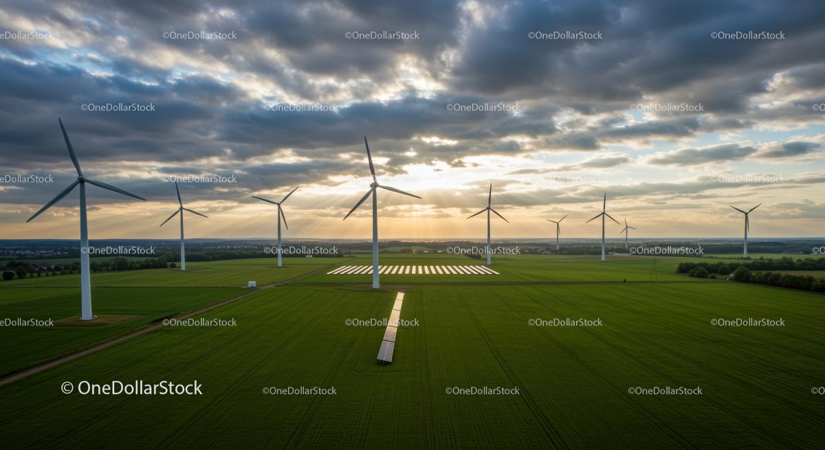 Turbiny wiatrowe generujące energię na zielonych polach o zachodzie słońca